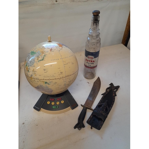 224 - Vintage advertising ESSO bottle,  African knife in wooden scabbard & modern childs globe