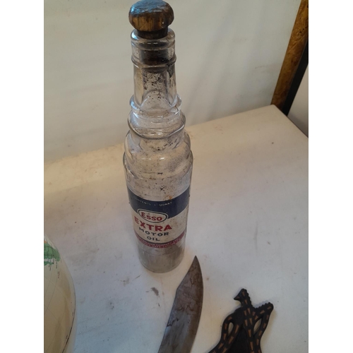 224 - Vintage advertising ESSO bottle,  African knife in wooden scabbard & modern childs globe