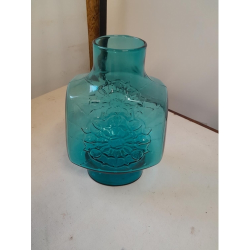 258 - Aqua Marine blue banjo shape vase with floral motif