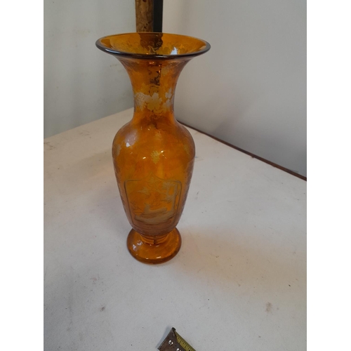 262 - Bohemian amber glass vase with etched stag decoration