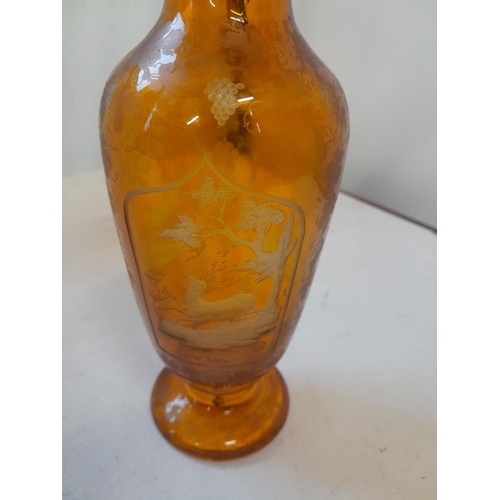 262 - Bohemian amber glass vase with etched stag decoration