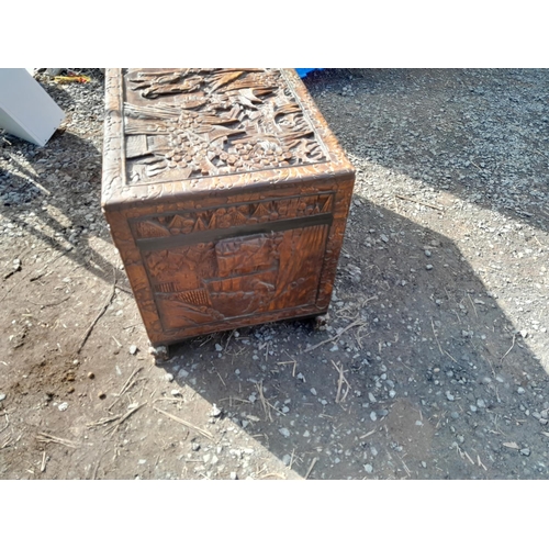 26 - Vintage well carved Chinese camphor wood chest 107 cms x 55 cms x 55 cms