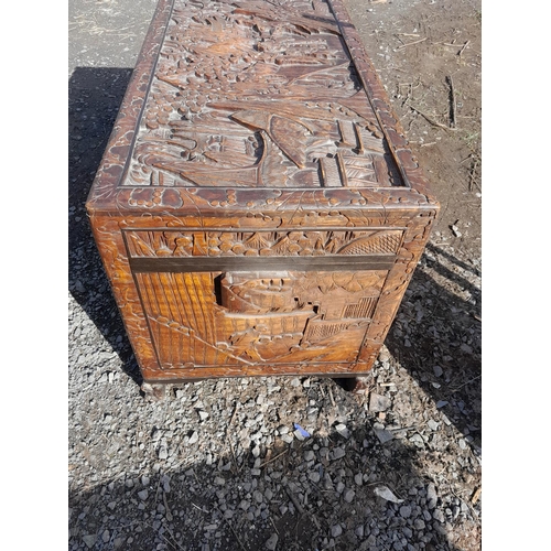 26 - Vintage well carved Chinese camphor wood chest 107 cms x 55 cms x 55 cms