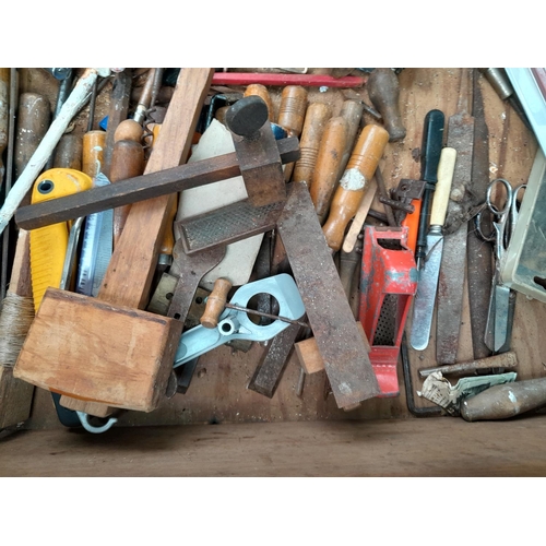 62 - Assorted wood working and other hand tools, cork screw, chisels, knife etc.