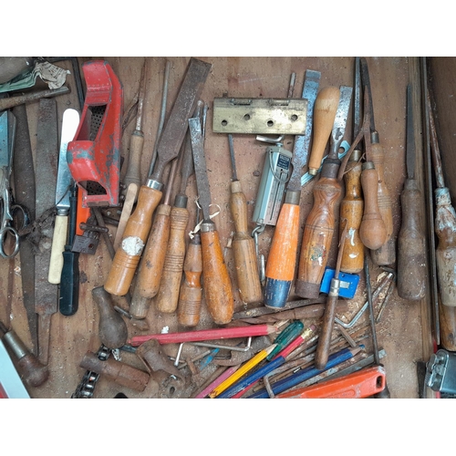 62 - Assorted wood working and other hand tools, cork screw, chisels, knife etc.