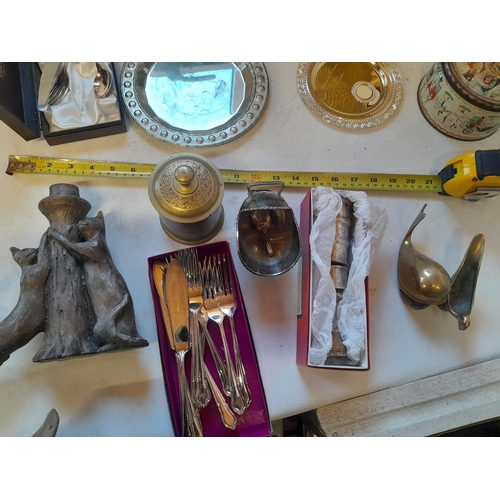 101 - Assorted silver plated brassware, fish eaters and boxed cutlery