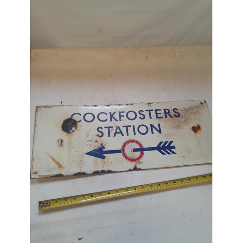 112 - GENUINE Vintage enamel advertising sign : Double sided Cockfosters Railway station, Railway interest