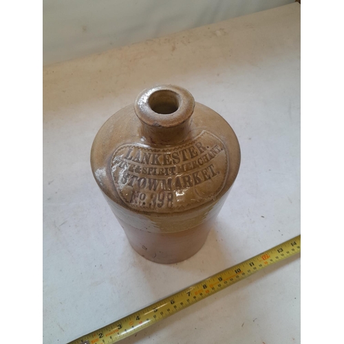 119 - Vintage stoneware advertising flagon : Lankaster restored top