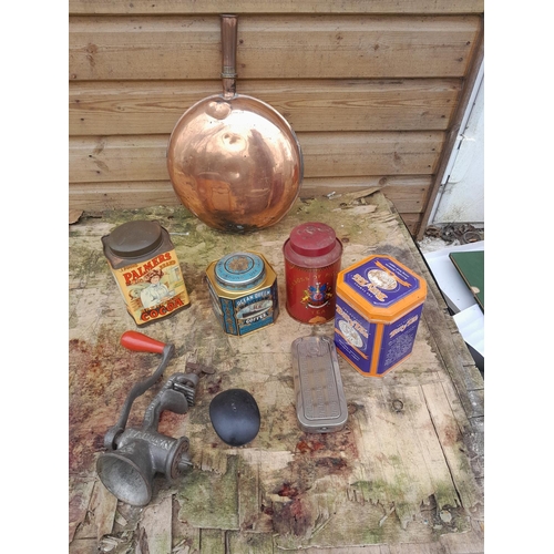 126 - 19 th century copper warming pan and vintage kitchenalia