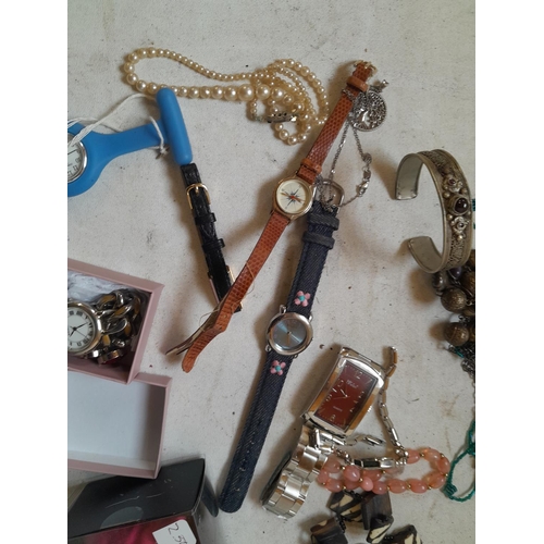 159 - Costume jewellery, watches , very small amount of silver included, pearl bracelet