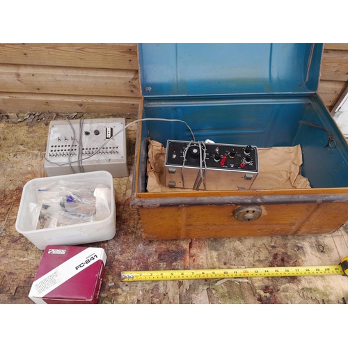 179 - Small vintage painted tin trunk and electrical computing interest items, tester etc.