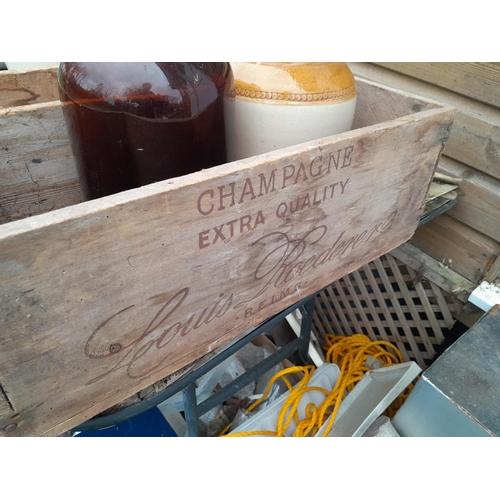 488 - Vintage advertising champagne crate, damaged flagon etc.