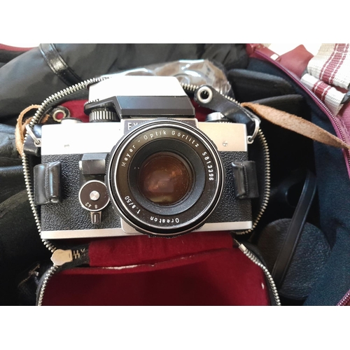 491 - Exakta RTL 1000 slr camera body with Meyer lens 1.8/50, Prinz Galaxy 1:3.5 with flash table top trip... 