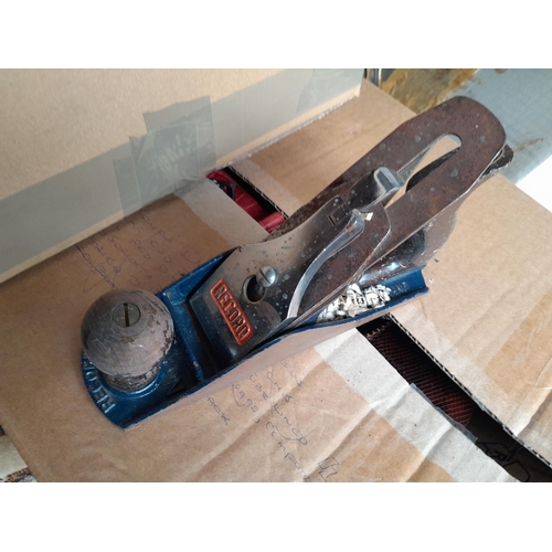 10 - Box of wood working tools : Record Plane No 5 & one other, saws, bits etc