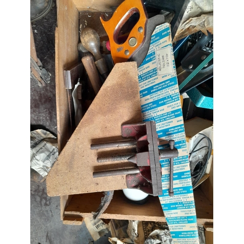 10 - Box of wood working tools : Record Plane No 5 & one other, saws, bits etc