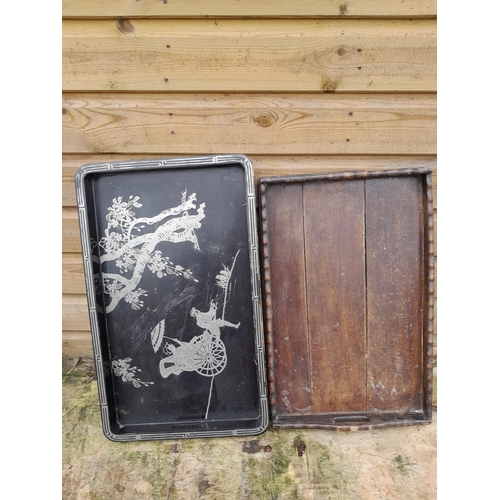 15 - Box of oddments : paraffin heater, new ironmongery, vintage Japanese lacquer tray & one other & nest... 