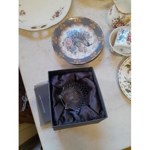 30 - Decorative china : tea ware, boxed Waterford crystal glass scallop, plated tray , wall plaque etc