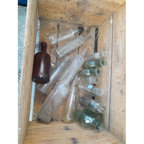 37 - Wooden advertising trug & assorted mainly Non advertising bottles