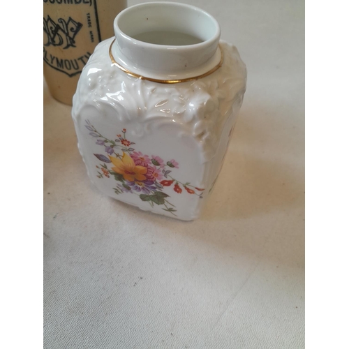 56 - Decorative china : Crown Derby vase, lid damaged Devon ware, pewter table salts, Biscombe Brewery st... 