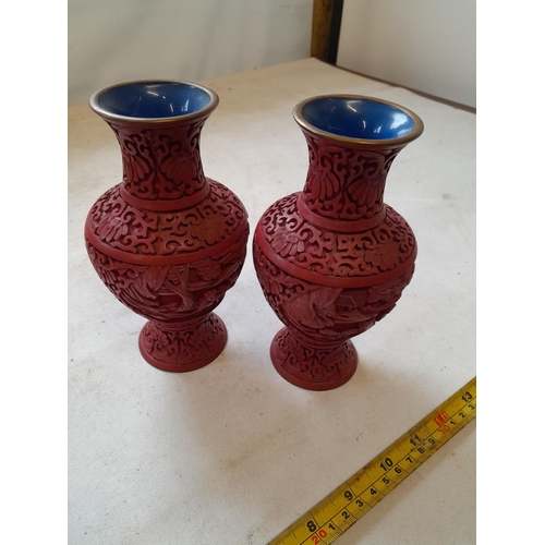 68 - Pair of early 20th century well executed Chinese cinnabar lacquer vases