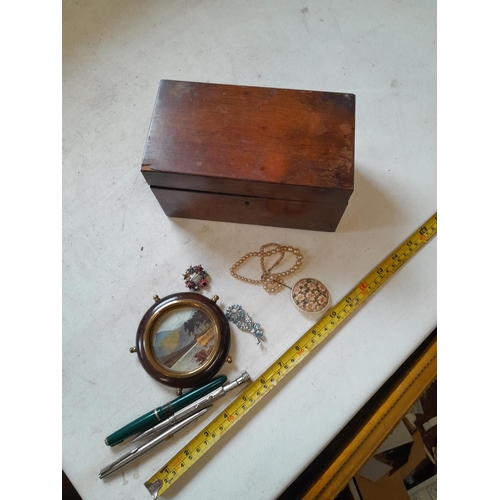 69 - Victorian work box with costume jewellery and vintage pens