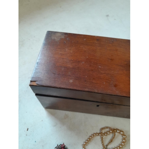 69 - Victorian work box with costume jewellery and vintage pens