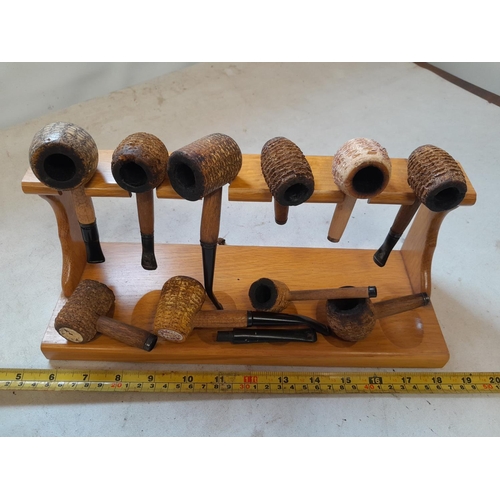 176 - Various sized vintage corn cob and other pipes in light oak rack