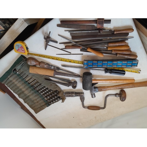 181 - Box of vintage wood working tools, drills, rasps, bits etc.