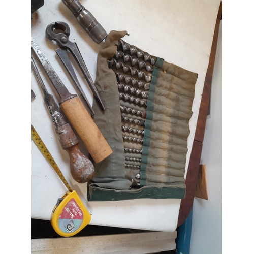 181 - Box of vintage wood working tools, drills, rasps, bits etc.