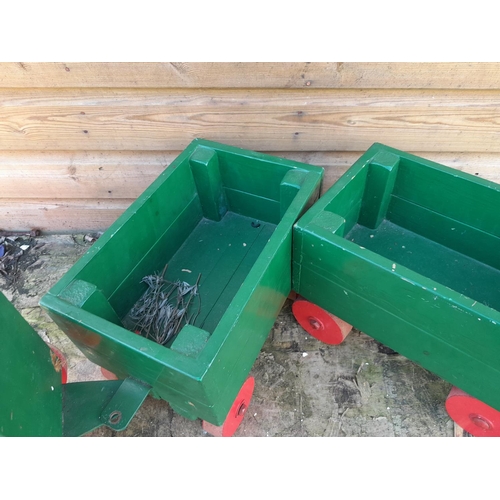 128 - Vintage painted childs pull along / sit on train with two rolling stock