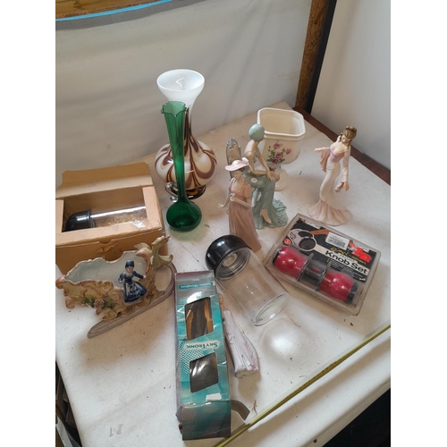 137 - Decorative china and glassware, some figurines damaged, parquetry panel