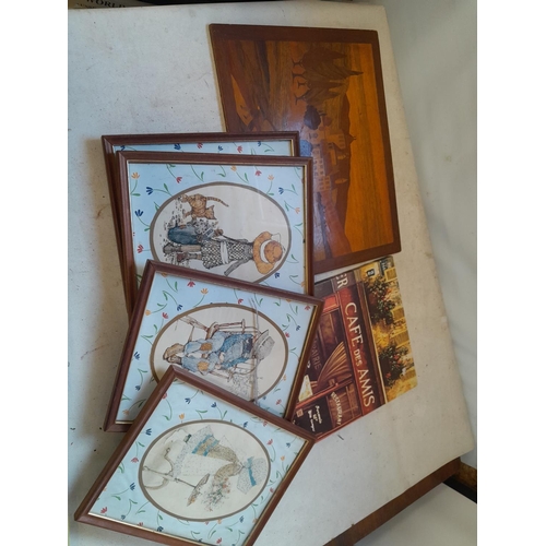 137 - Decorative china and glassware, some figurines damaged, parquetry panel