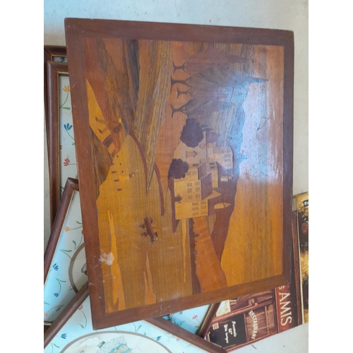 137 - Decorative china and glassware, some figurines damaged, parquetry panel