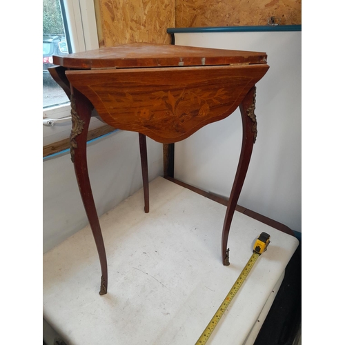 152 - Early 20th century French trefoil folding table with inlay and brass mounts, needs repolishing