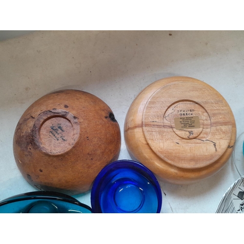 160 - Box of decorative china and glass : Whitefriars red bubble glass dish, Ridgeways Homemaker plates, t... 