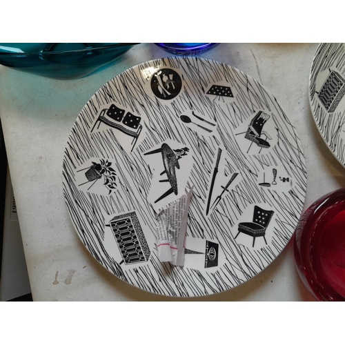 160 - Box of decorative china and glass : Whitefriars red bubble glass dish, Ridgeways Homemaker plates, t... 