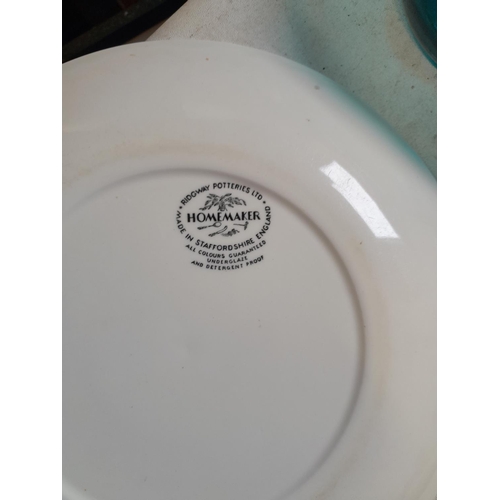 160 - Box of decorative china and glass : Whitefriars red bubble glass dish, Ridgeways Homemaker plates, t... 