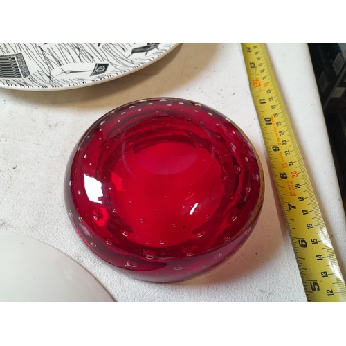 160 - Box of decorative china and glass : Whitefriars red bubble glass dish, Ridgeways Homemaker plates, t... 