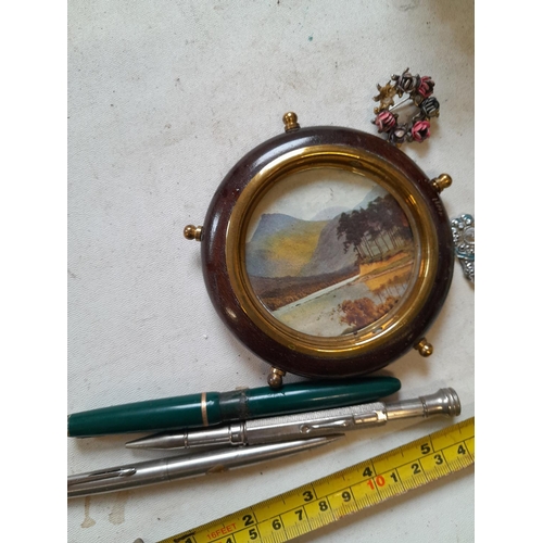 246 - Victorian work box with costume jewellery and vintage pens