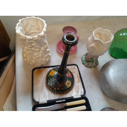 263 - Box of oddments : vintage blue and white enamel pots, marbles, pokerwork candlestick, plated ware ch... 