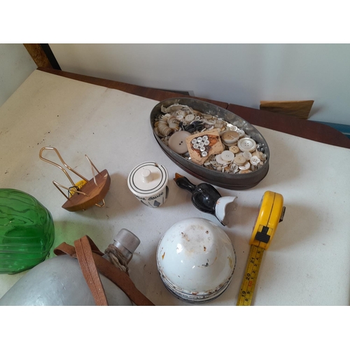 263 - Box of oddments : vintage blue and white enamel pots, marbles, pokerwork candlestick, plated ware ch... 