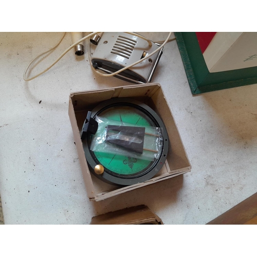 266 - Box of oddments : Magnetic compass, Sanyo cassette player, steel ball bearings etc