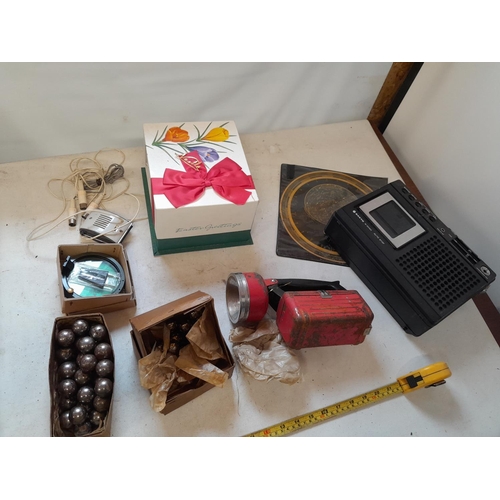 266 - Box of oddments : Magnetic compass, Sanyo cassette player, steel ball bearings etc