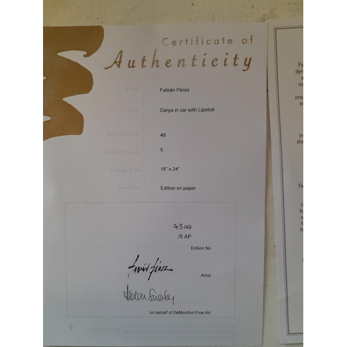 426 - Fabian Perez,  Dayra in Car Park with Lipstick, limited edition giclée black and white print 43 / 49... 