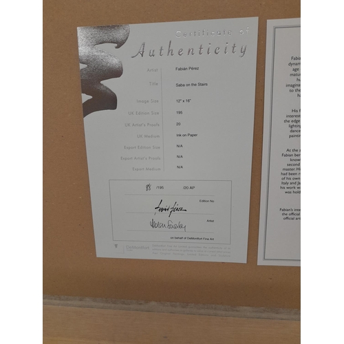 427 - Fabian Perez,  Saba on the Stairs, limited edition giclée black and white print 88/195, signed and C... 