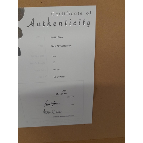 429 - Fabian Perez,  Saba at the Balcony, limited edition giclée black and white print 14/20, signed and C... 