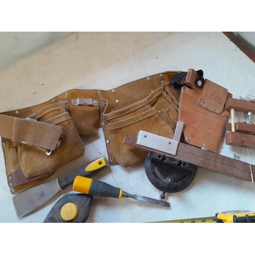 543 - Crate of wood working tools : Vintage AA badge, work belt etc.