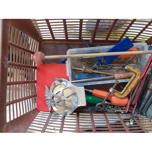 543 - Crate of wood working tools : Vintage AA badge, work belt etc.