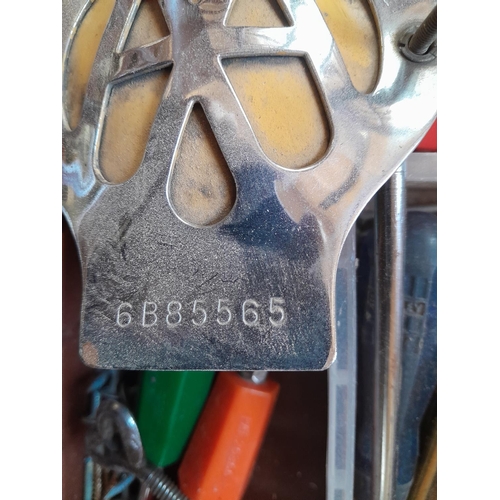 543 - Crate of wood working tools : Vintage AA badge, work belt etc.