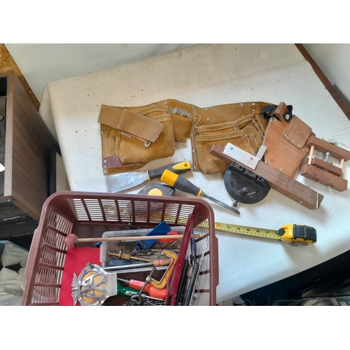 543 - Crate of wood working tools : Vintage AA badge, work belt etc.